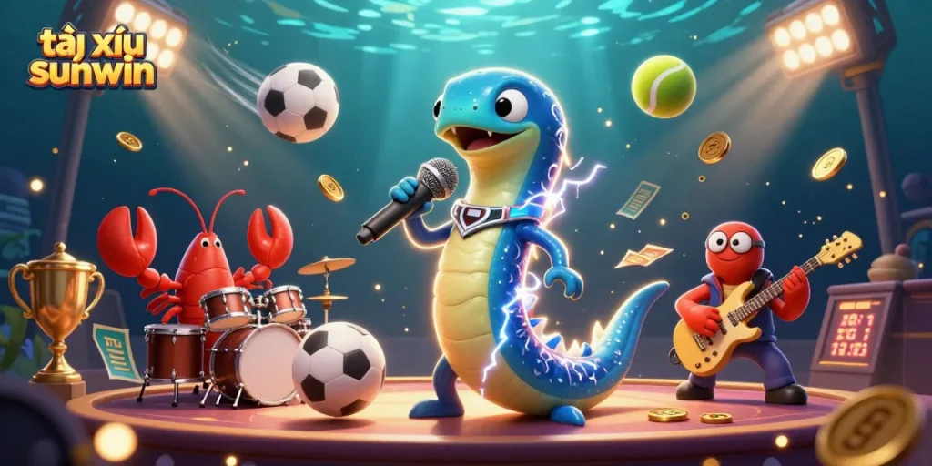 Engage in tài xỉu sunwin with lively visuals of a DJ eel, lobster drummer, and seahorse guitarist in an underwater casino.