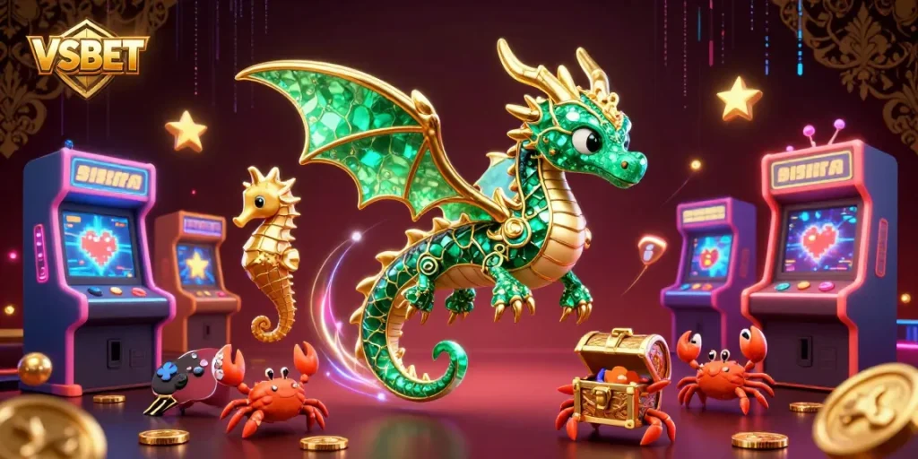 Engage in thrilling gaming experiences with VSBET featuring a majestic sea dragon and arcade elements.
