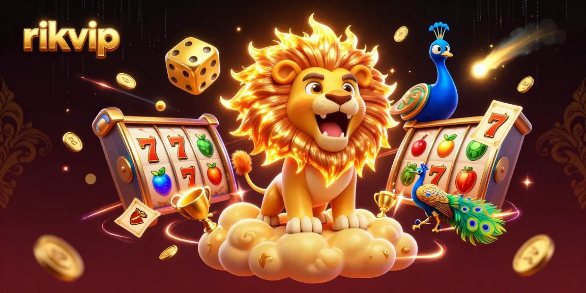Experience thrilling gaming adventures with rikvip, featuring a vibrant sun lion surrounded by slot elements and dynamic casino scenes.