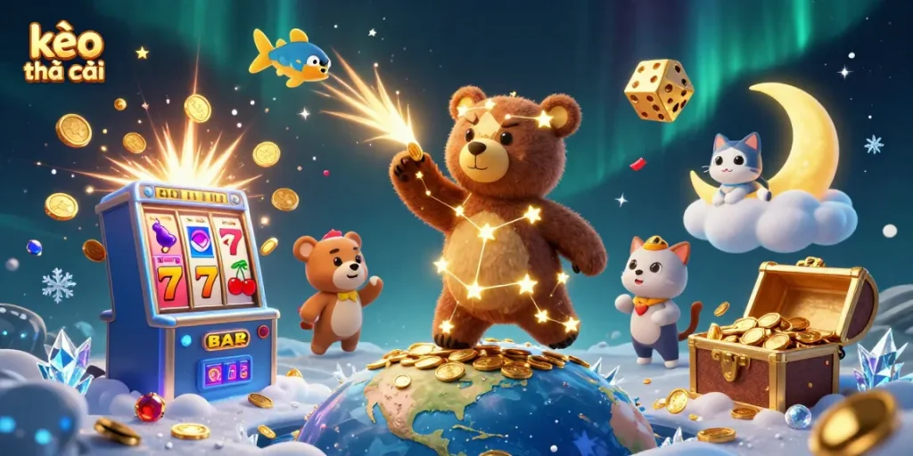 Experience kèo nhà cái excitement with 3D characters scooping coins amidst vibrant casino elements.