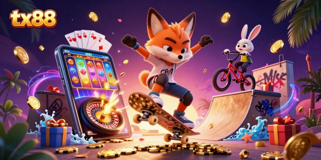 Experience the exhilarating action of tx88 with a vibrant 3D casino-themed digital illustration showcasing playful characters and slot games.