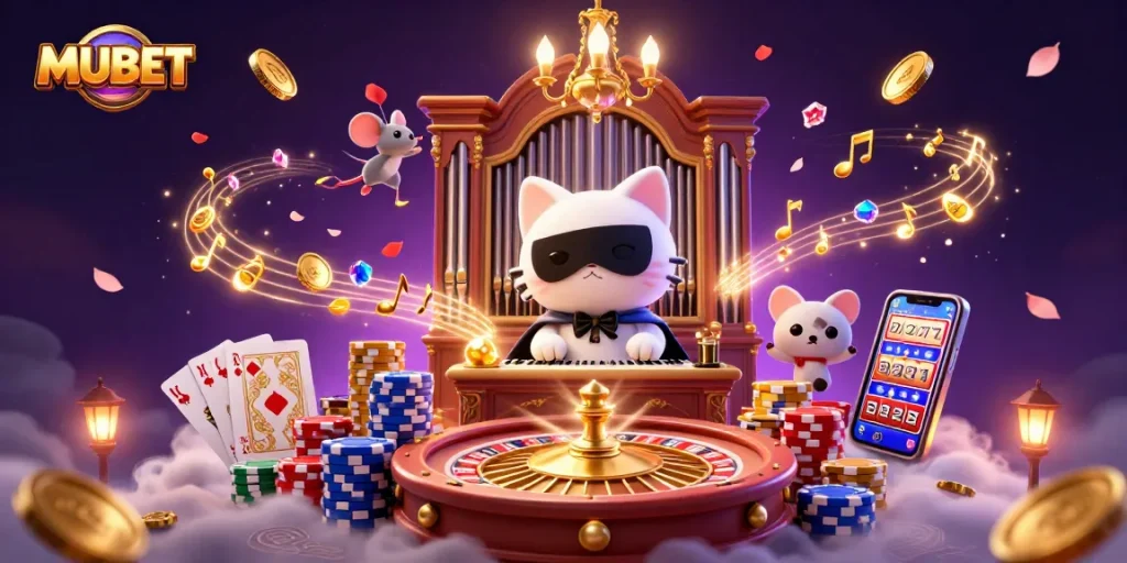 Experience MUBET at an ornate casino with a phantom cat and dazzling game elements.