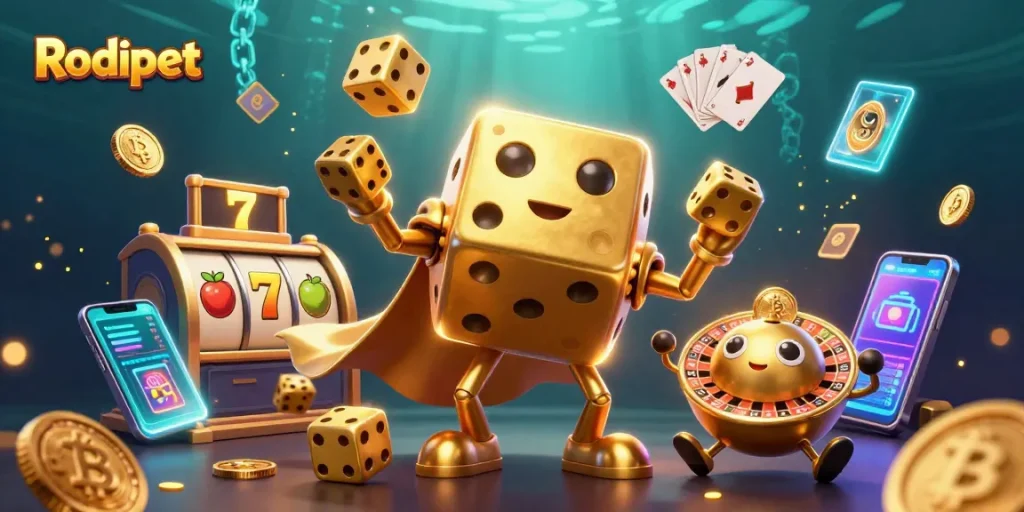 Rodipet players rolling the golden dice in a packed slot game filled with vibrant elements.