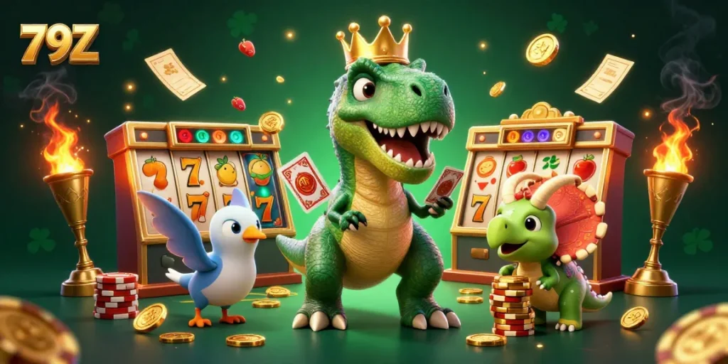 Experience excitement at 79Z with cartoon dinosaurs playing casino games and stacking chips.