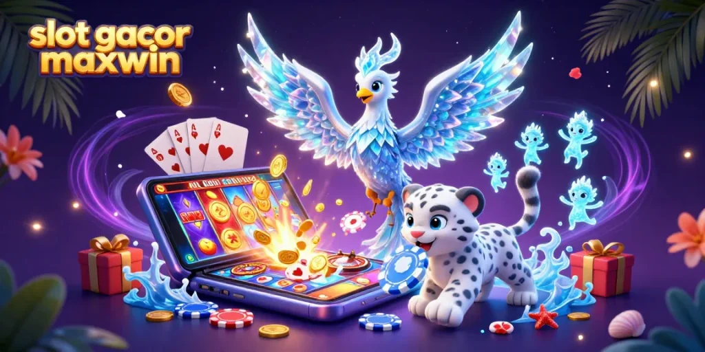 Engage with slot gacor maxwin, featuring a vibrant scene of a phoenix, snow leopard, and dazzling game elements.