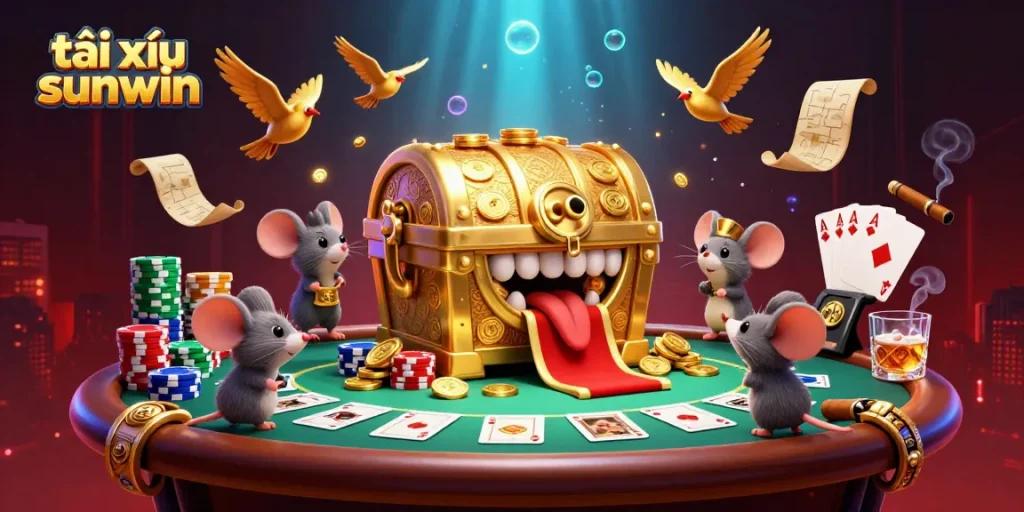 Experience the thrill of tài xỉu sunwin with a vibrant poker scene, enticing players with golden treasures.