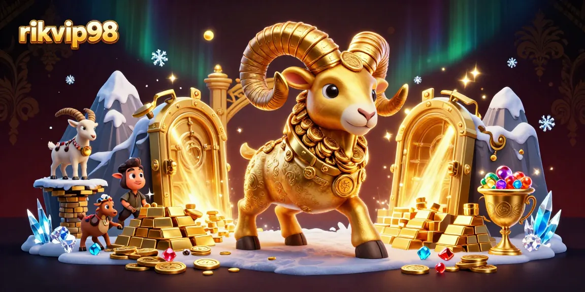 Win at rikvip98 with thrilling slots, featuring a golden ram charging to jackpots.