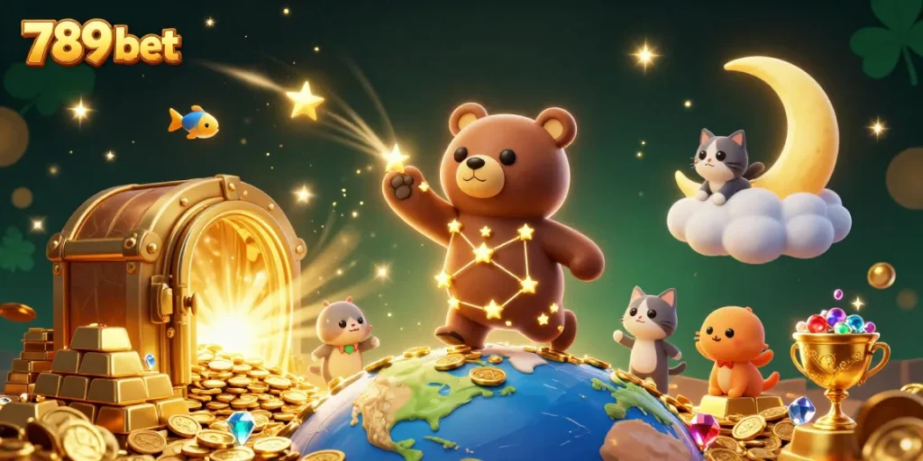 Experience the thrill of 789 bet with a constellation bear and treasure-filled cosmic scene, capturing the excitement of gaming.