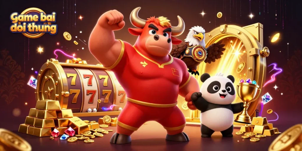 Win big in game bai doi thuong with vibrant 3D characters amidst riches and casino elements.