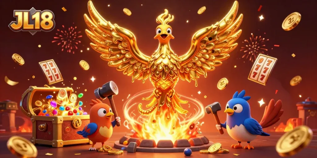 Experience the thrill of online casino gaming at JL18 with golden phoenix and exciting slot elements.