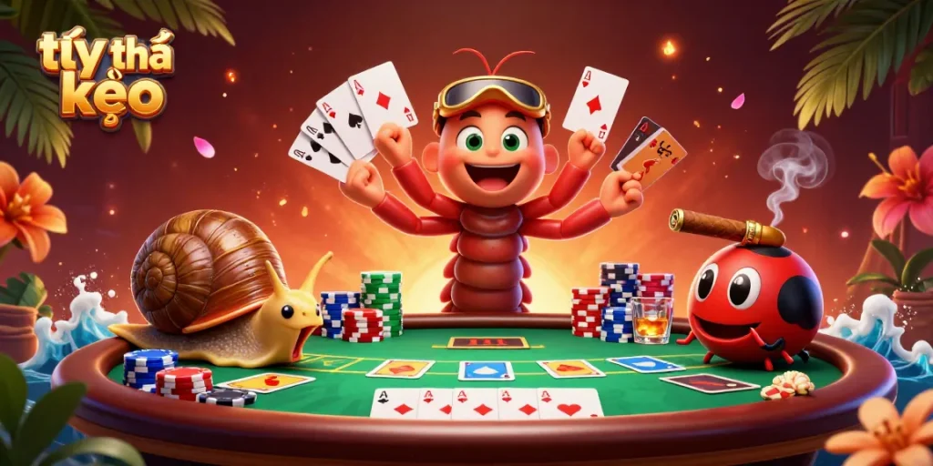 Experience thrilling tỷ lệ kèo actions with a colorful casino atmosphere featuring dynamic characters and poker elements.
