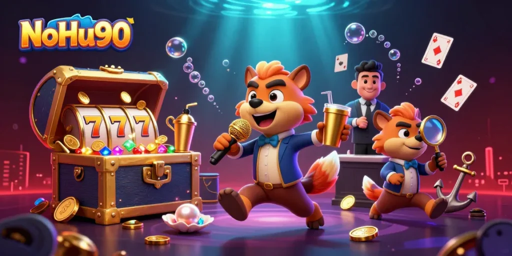 NoHu90 engages players with vibrant slots and fun-themed characters in a lively casino scene.