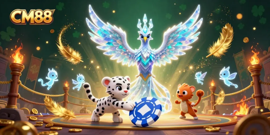 Engage in exciting gaming adventures at CM88 with an ice phoenix and vibrant casino elements.