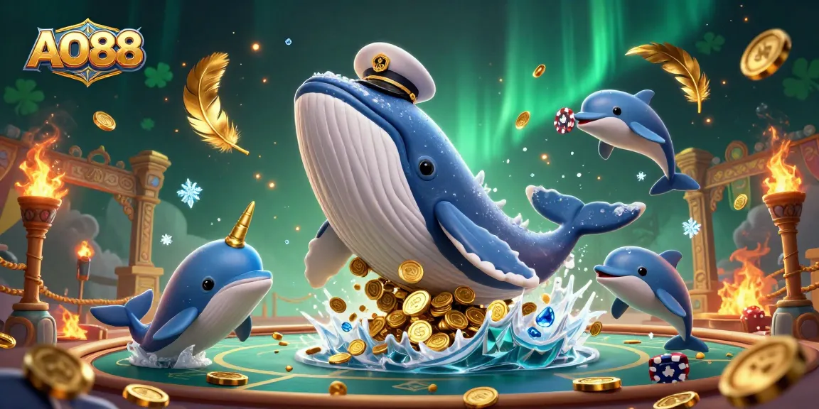 AO88's jackpot excitement illustrated with playful dolphins, a captain whale, and a narwhal among gold coins.