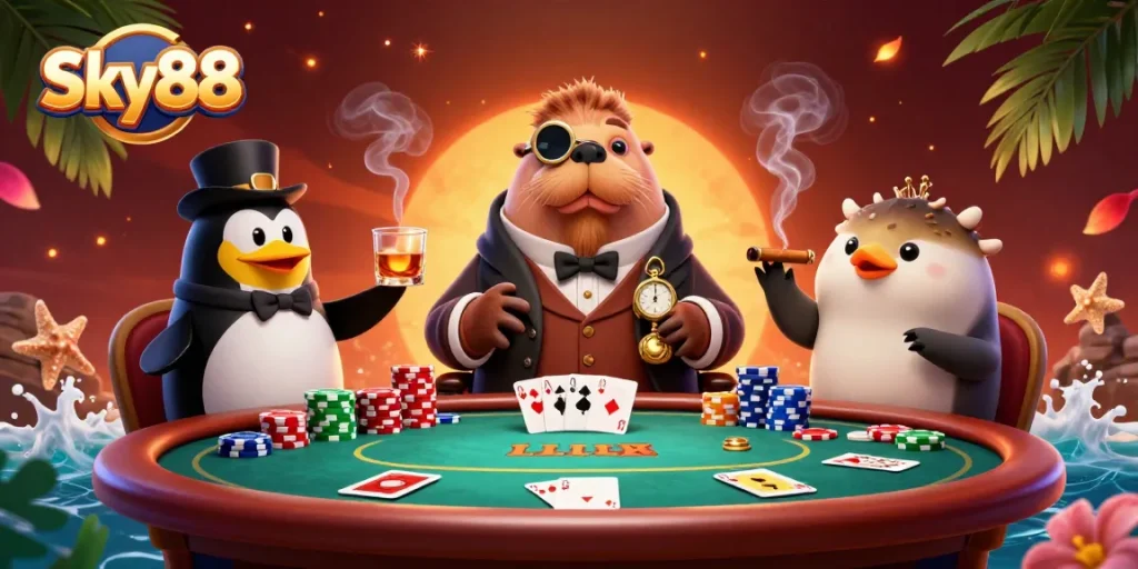 Experience thrilling poker hands with Sky88 in an underwater scene of high-stakes gambling.