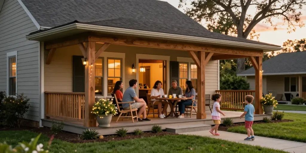 Oak porches enhance home charm, featuring a family enjoying the inviting design.