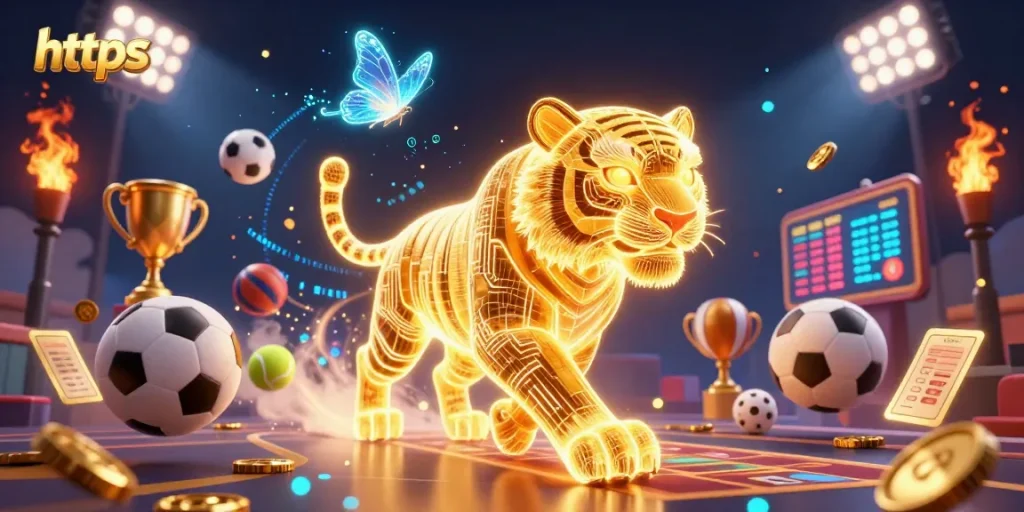 Place bets in the vibrant digital casino landscape inhabited by a golden tiger character, showcasing https gaming features.
