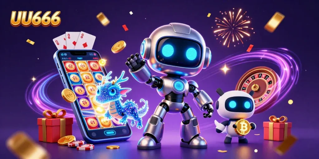 UU666 offers thrilling gameplay with robot mascot, holographic dragon, and bitcoin drone, creating a vibrant casino atmosphere.