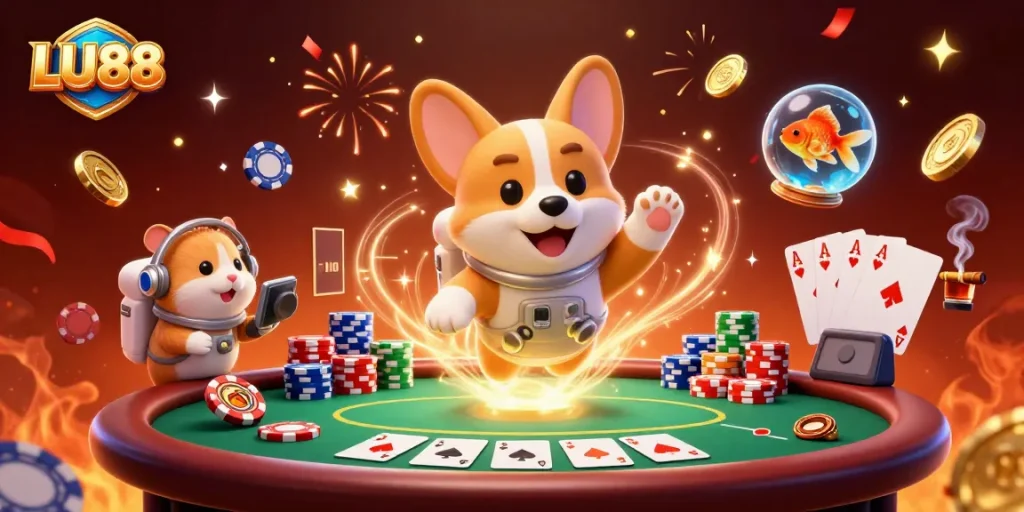 Play iconic games at LU88 casino with a playful astronaut corgi amidst drifting poker chips.