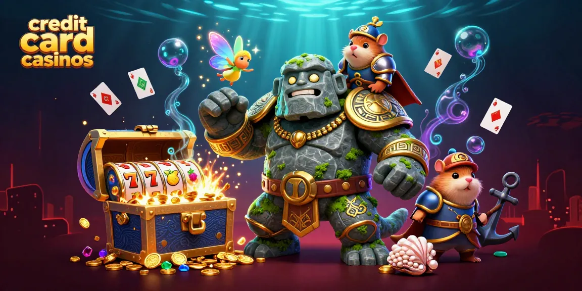 Engage with credit card casinos through dynamic gaming scenes with enchanting characters, magical elements, and casino imagery.