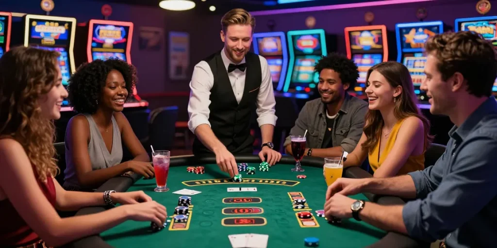 Friends enjoying an exciting game of blackjack at Dewavegas online casino, with vibrant colors and festive atmosphere.