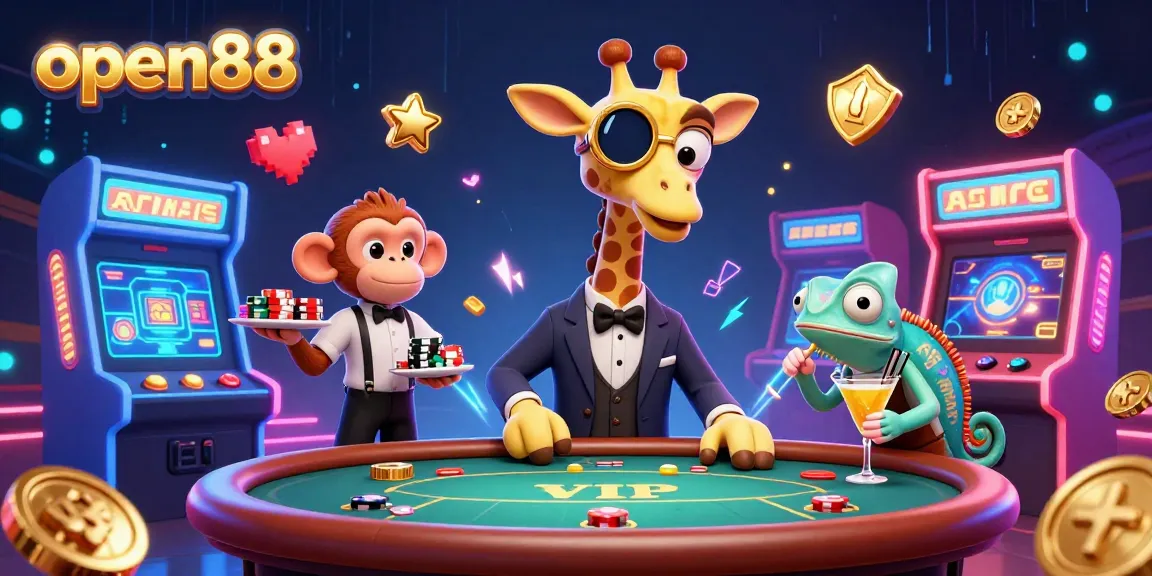 Join the fun at open88 with vibrant casino characters and arcade elements in a lively scene.