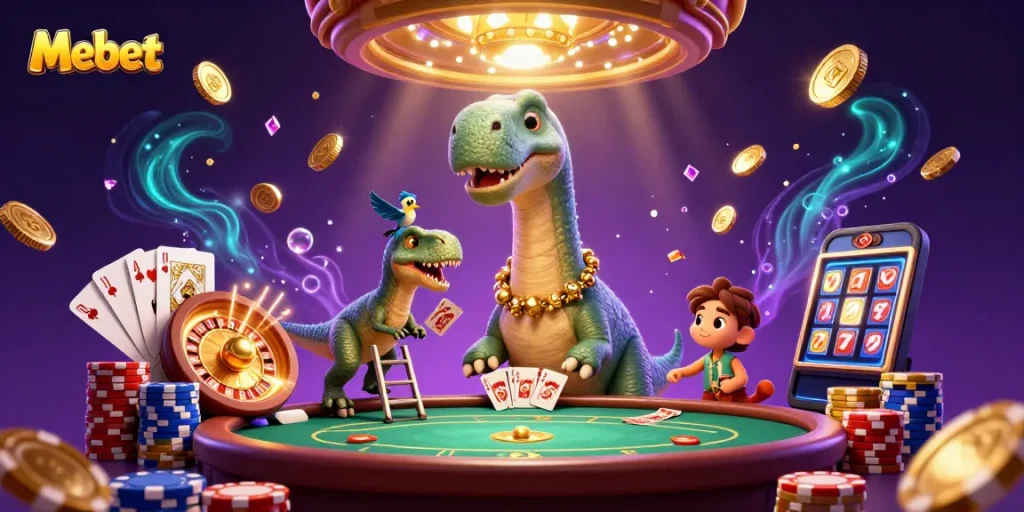 Mebet showcases a lively 3D casino scene featuring dinosaurs amidst sparkling game elements.
