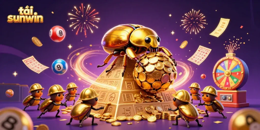 Play and win with tải sunwin, featuring a vibrant 3D casino illustration of beetles and lottery elements.