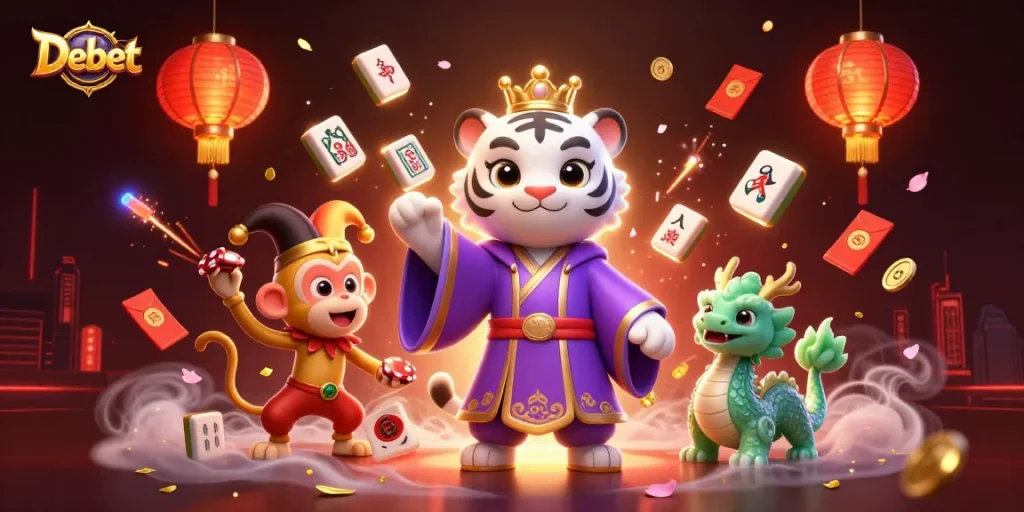 Engage with the vibrant Debet casino scene featuring a tiger and monkey juggling poker chips.