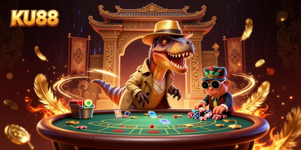 Engage with the thrilling action at KU88's blackjack table, featuring a sly velociraptor card counter in a vibrant casino scene.
