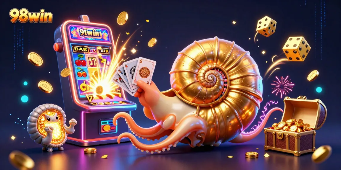 Join the fun at 98win with this vibrant, dynamic 3D casino illustration showcasing a giant nautilus roulette wheel.