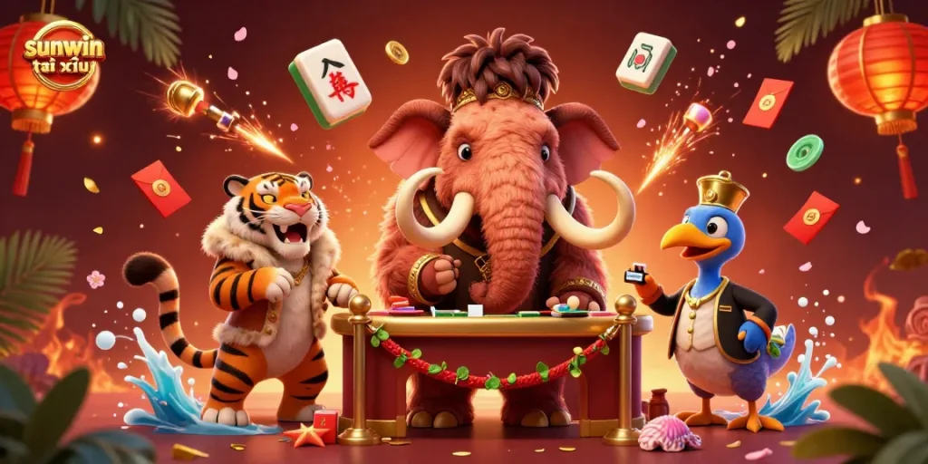 Engage in sunwin tài xỉu excitement with a vibrant 3D casino scene featuring unique characters and casino symbols.