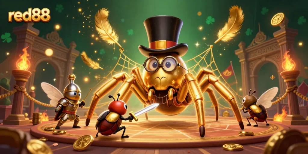 Engage with red88's thrilling casino scene featuring a golden tarantula, beetle knight, and action-packed elements.