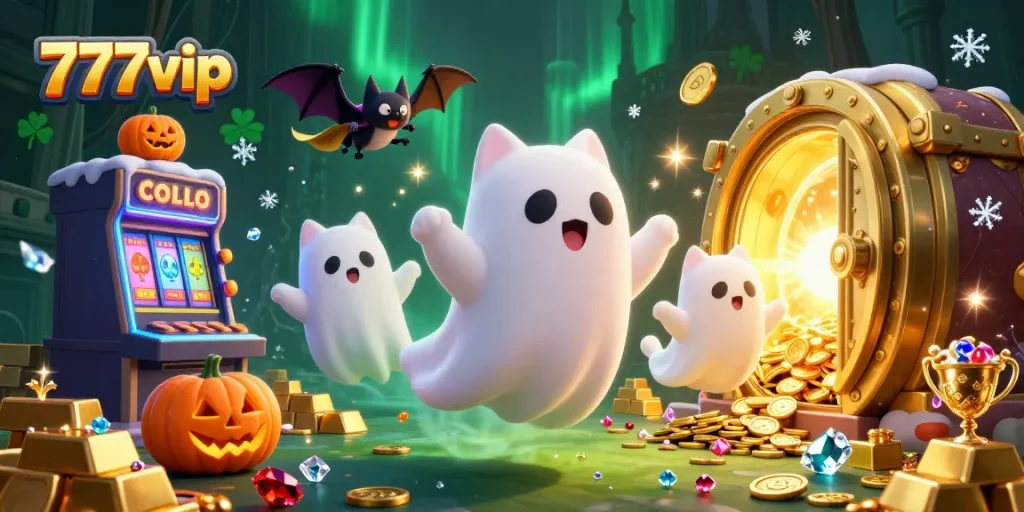 Experience the excitement of 777vip with a ghostly cat and bat in a vibrant casino scene.