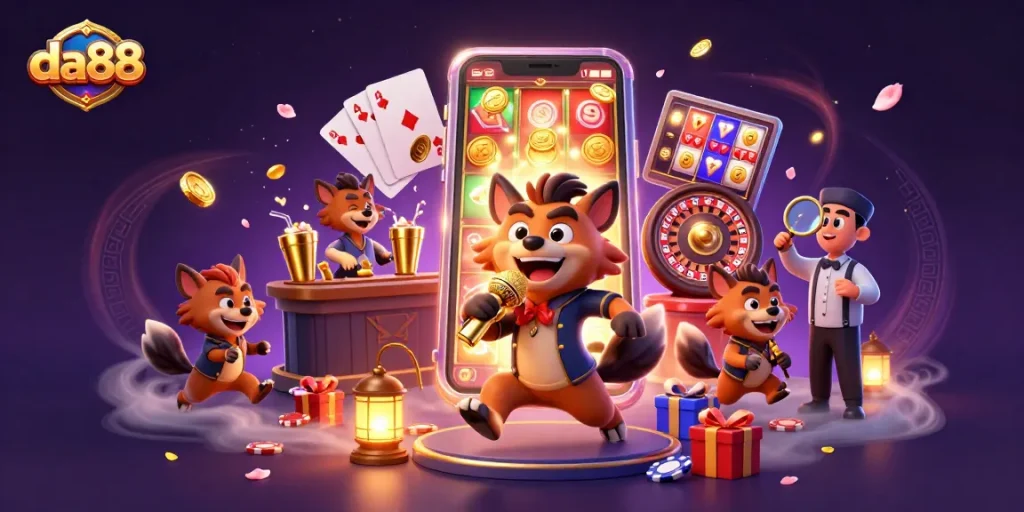 Engage in fun with da88-themed scenes featuring hyenas in a lively casino atmosphere.