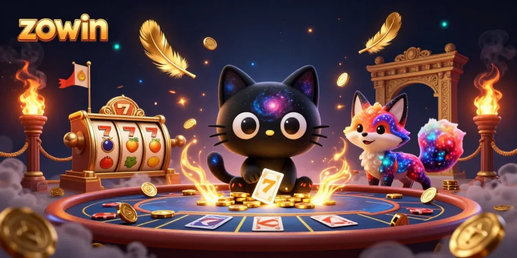 Zowin engages players at a vibrant casino table, surrounded by slot reels and colorful gaming elements.