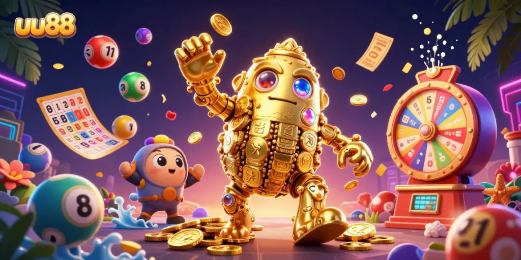 Join the excitement of uu88 with vibrant lottery elements and a golden golem surrounded by dynamic prizes.