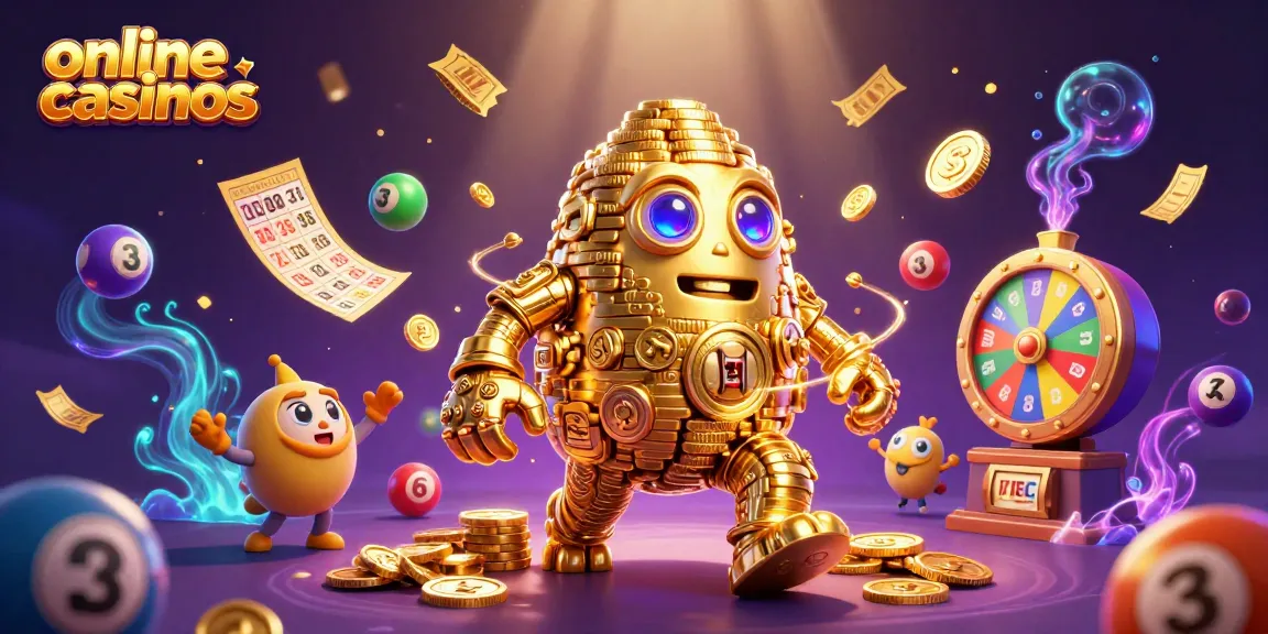 Engage with captivating online casinos featuring a golden golem amidst colorful lottery action.