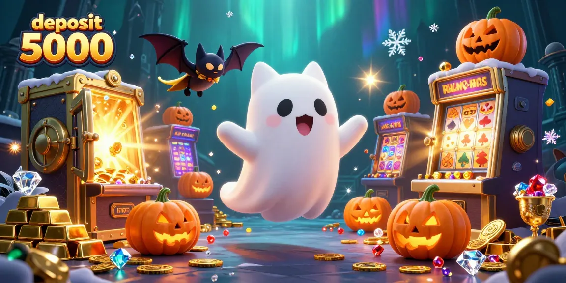 Spin slots with deposit 5000 at haunted casino, featuring magical characters and treasures.