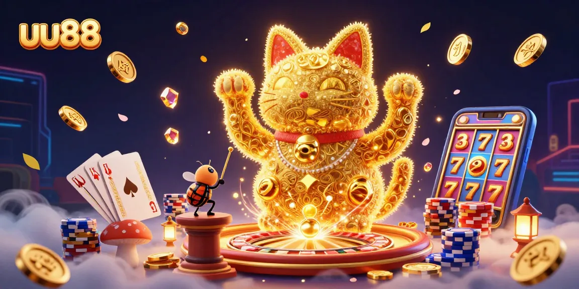 Experience thrilling moments with uu88, featuring a lucky cat and vibrant casino elements.