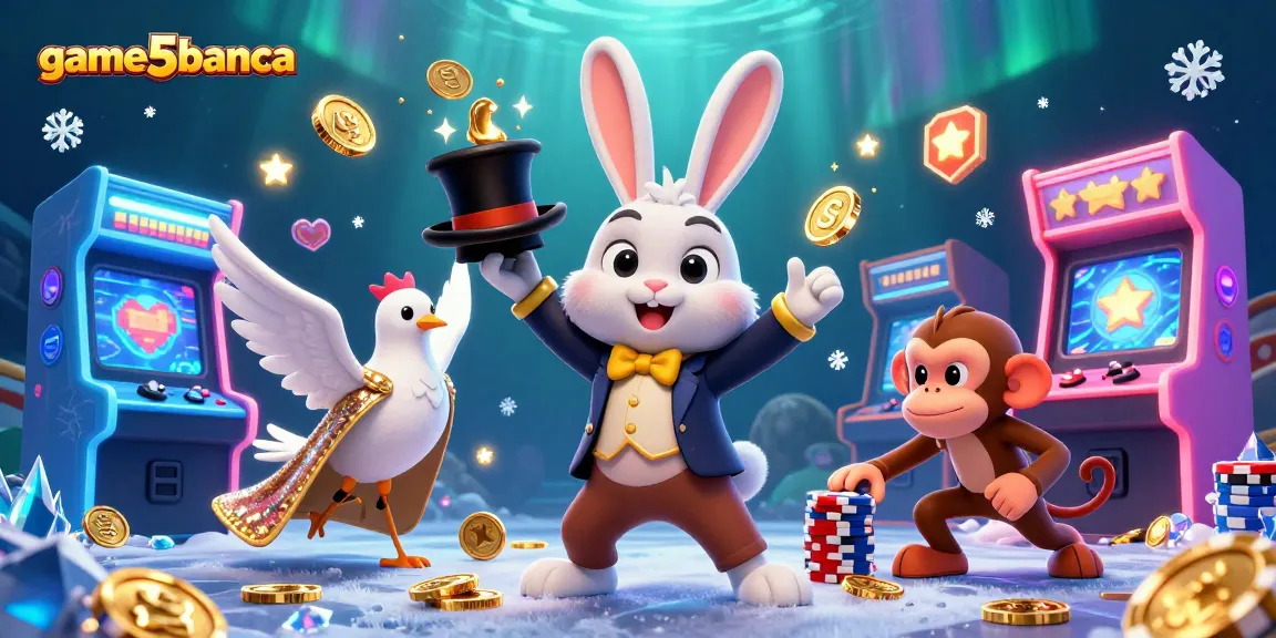 Experience game5banca as a magician rabbit pulls golden coins amidst casino magic and vibrant characters.