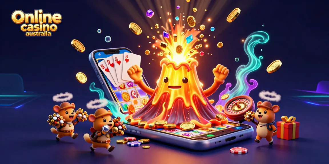 Experience the thrill of online casino Australia with this vibrant 3D illustration of a golden volcano erupting treasure.