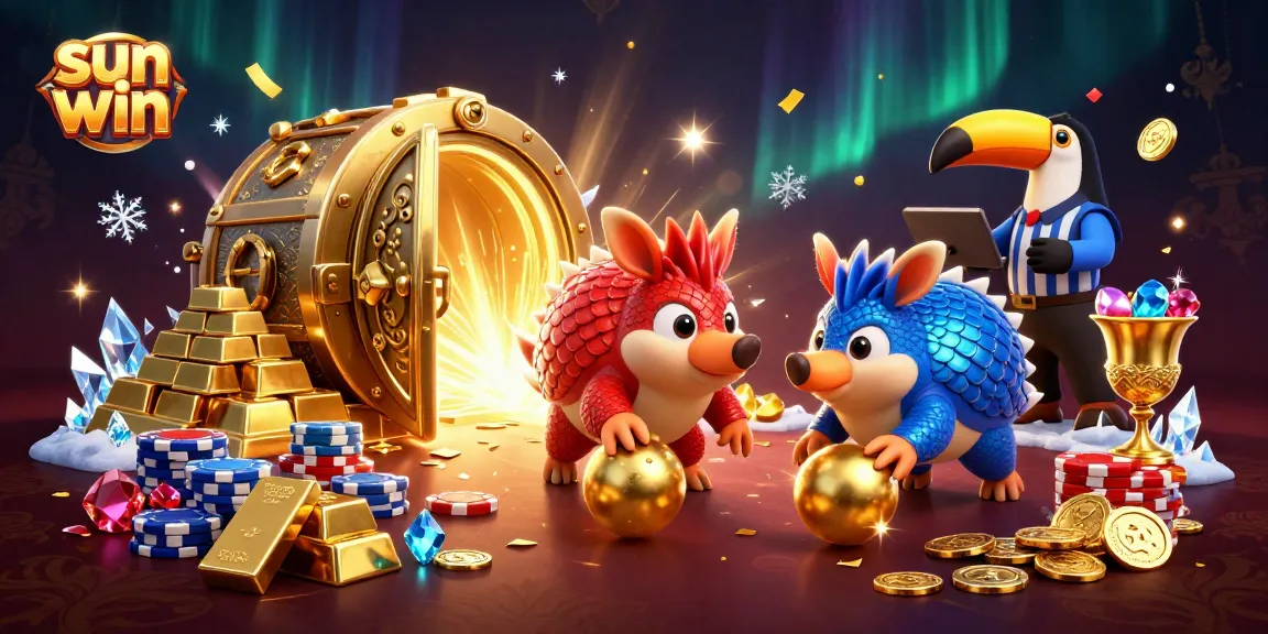 Experience the thrill of sun win as rival pangolins bowl through chips in a vibrant casino illustration.