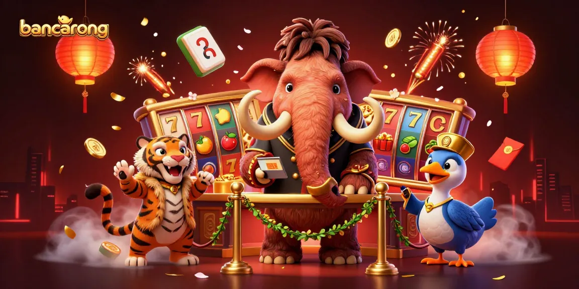 Bancarong casino scene showcasing a woolly mammoth bouncer with a saber-tooth tiger guest, emphasizing luxurious gameplay elements