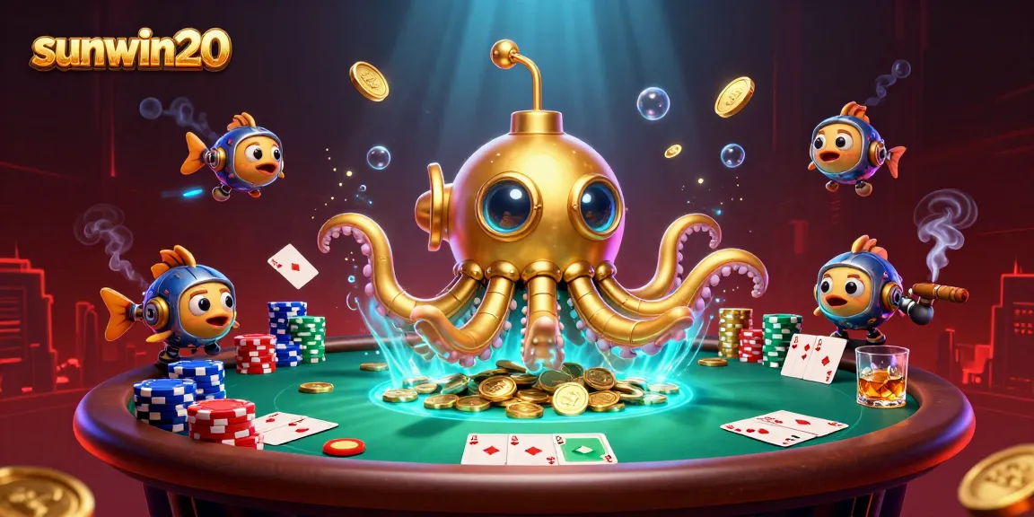 Experience sunwin20's thrilling game scene with a golden kraken submarine amidst poker excitement.