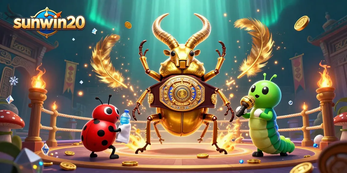Play exciting games at sunwin20 featuring a vibrant 3D beetle champion under dynamic casino lights.