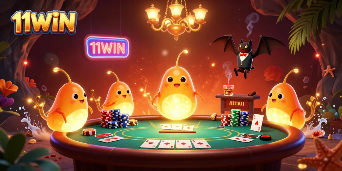 Engage in 11WIN poker gameplay illuminated by glowing glowworms in a captivating cave casino.