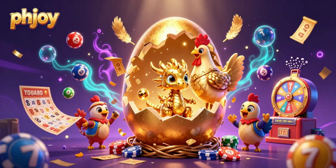 Join the thrilling adventure of phjoy with golden dragon and poker chips, vibrant lottery and gaming elements.