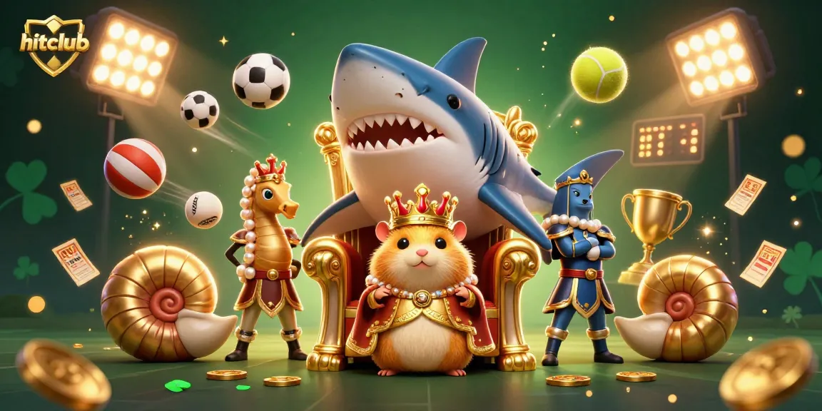 Hitclub showcases a golden hamster king in a vibrant casino setting, surrounded by dynamic sports elements.