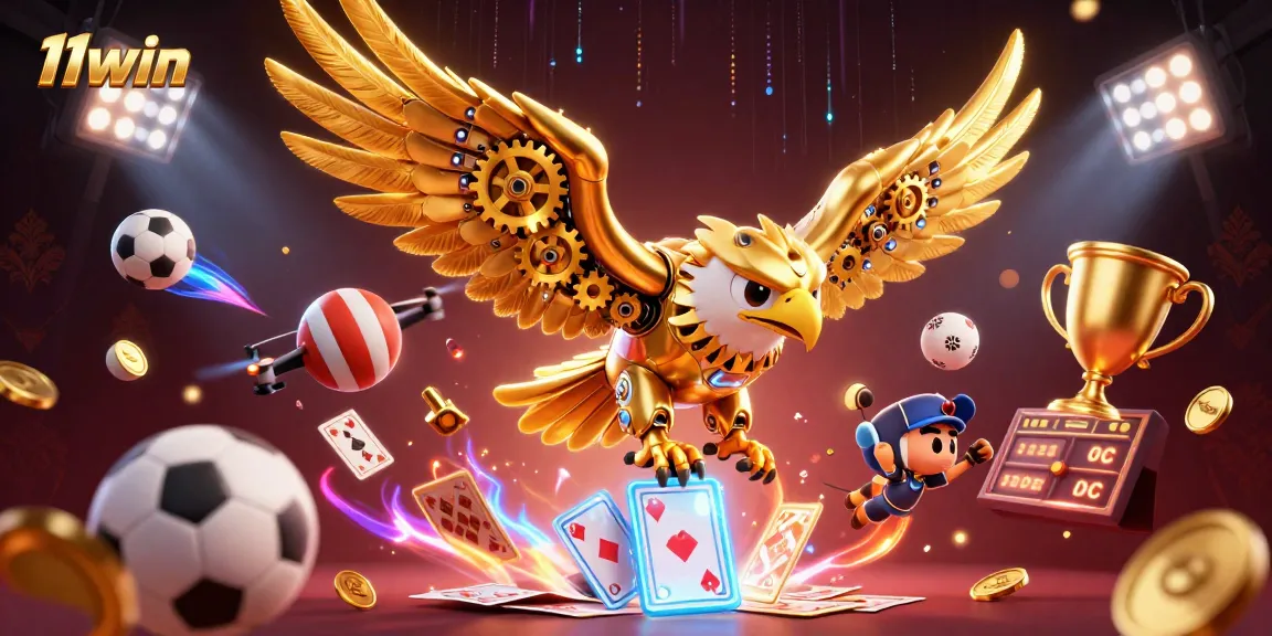 Witness the dynamic gameplay of 11WIN with a vibrant 3D carnival featuring a golden eagle and sports elements.